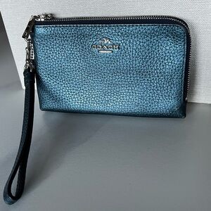 Coach Metallic Blue Pebbled Leather Double-Zip Wristlet